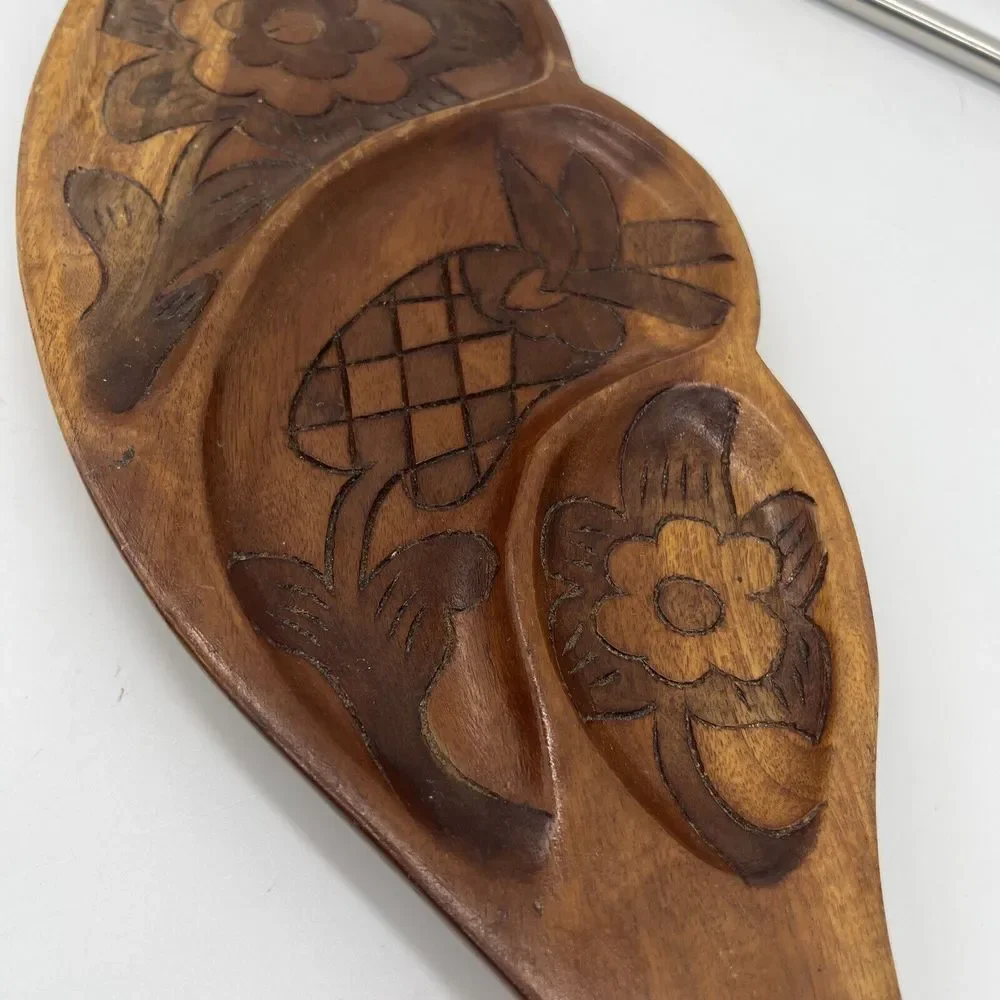 Hand Carved Monkeypod Freeform Wood Tray Leaf Shape Flower Designs 3‎ Sections